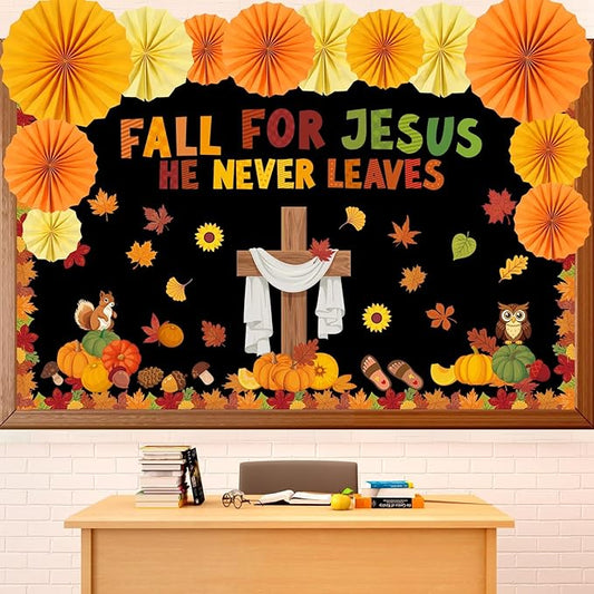 Fall Christian Bulletin Board Decorations Set Fall for Jesus He Never Leaves Paper Cutouts for Classroom Autumn Sunday School Church Cross Cutout for Religious School Office Wall Decor