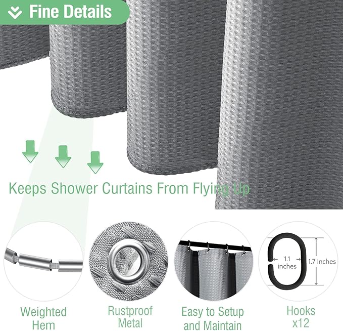 Dynamene Extra Long Shower Curtain,84 Inch Long Grey Waffle Weave Heavy Duty Fabric Bathroom Shower Curtain, Neutral Weighted Hotel Thick Bath Curtain Set with 12 Plastic Hooks,72x84,Grey/Gray
