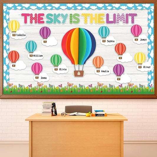 3D Hot Air Balloon Bulletin Board Set Colorful DIY Crafts Name Tags The Sky is The Limit Classroom Decorations Back to School Paper Cutouts for Motivational Nursery Supplies Teacher Wall Decor