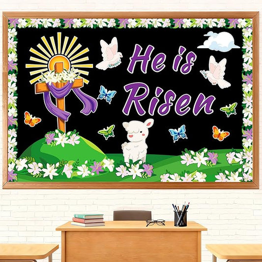 Easter Bulletin Board Decorations, 59Pcs Christian Bulletin Board Sets, He is Risen Bulletin Board Decorations, Cross Butterflies Floral Easter Religious Decorations for Sunday School Church Decor
