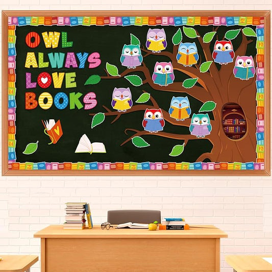 Pasimy Reading Bulletin Board Decorations Fall Classroom Decor Library Bulletin Board Set Owl Paper Cutouts Colorful Book Border Trim for Autumn Halloween Back to School Home Office Wall Door Supplies