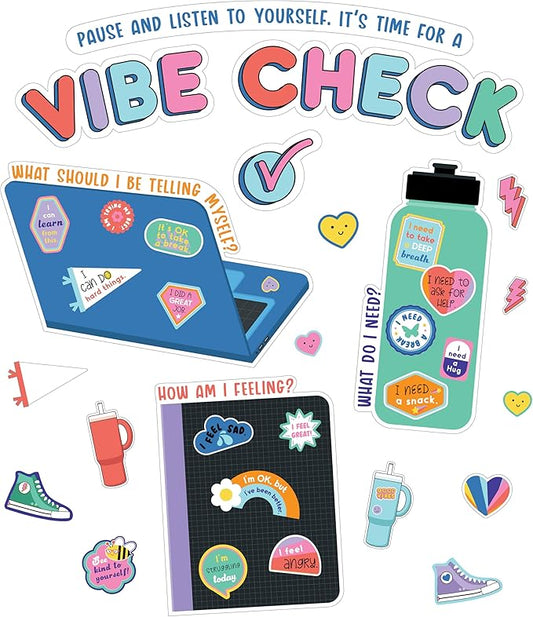 Carson Dellosa Education We Stick Together 51-Piece Vibe Check Bulletin Board Set, Colorful Laptop, Water Bottle, Notebook & Sticker Accents for Bulletin Board, White Board & Colorful Classroom Décor