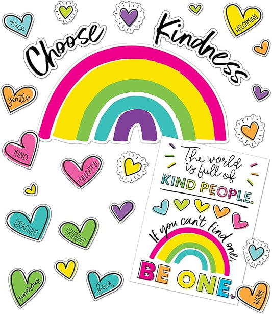 Carson Dellosa Kind Vibes 75 pc Bundle Motivational Bulletin Board Set, Poster, Rainbow, and Heart Cutouts with Positive Affirmations, Classroom Decor