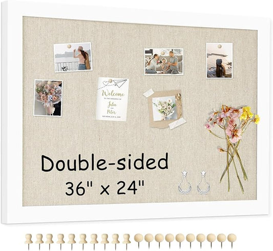 Double-Sided Large Cork Board with Linen, 36" x 24" Hanging Wood Framed Bulletin Board, Picture Display Vision Board Corkboards for Wall Room School Office Decor, 20 Pushpins,1pack