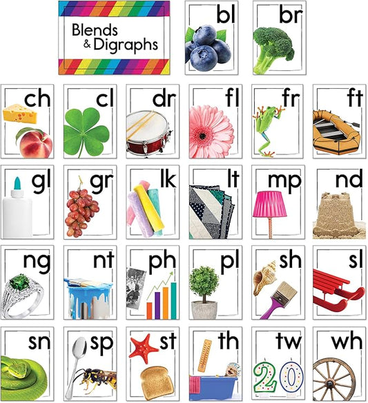 Carson Dellosa Blends and Digraphs Bulletin Board Set—Blend Cards, Digraph Cards, and Header for Bulletin Boards and Grammar Learning, Homeschool or Classroom Décor (35 pc)