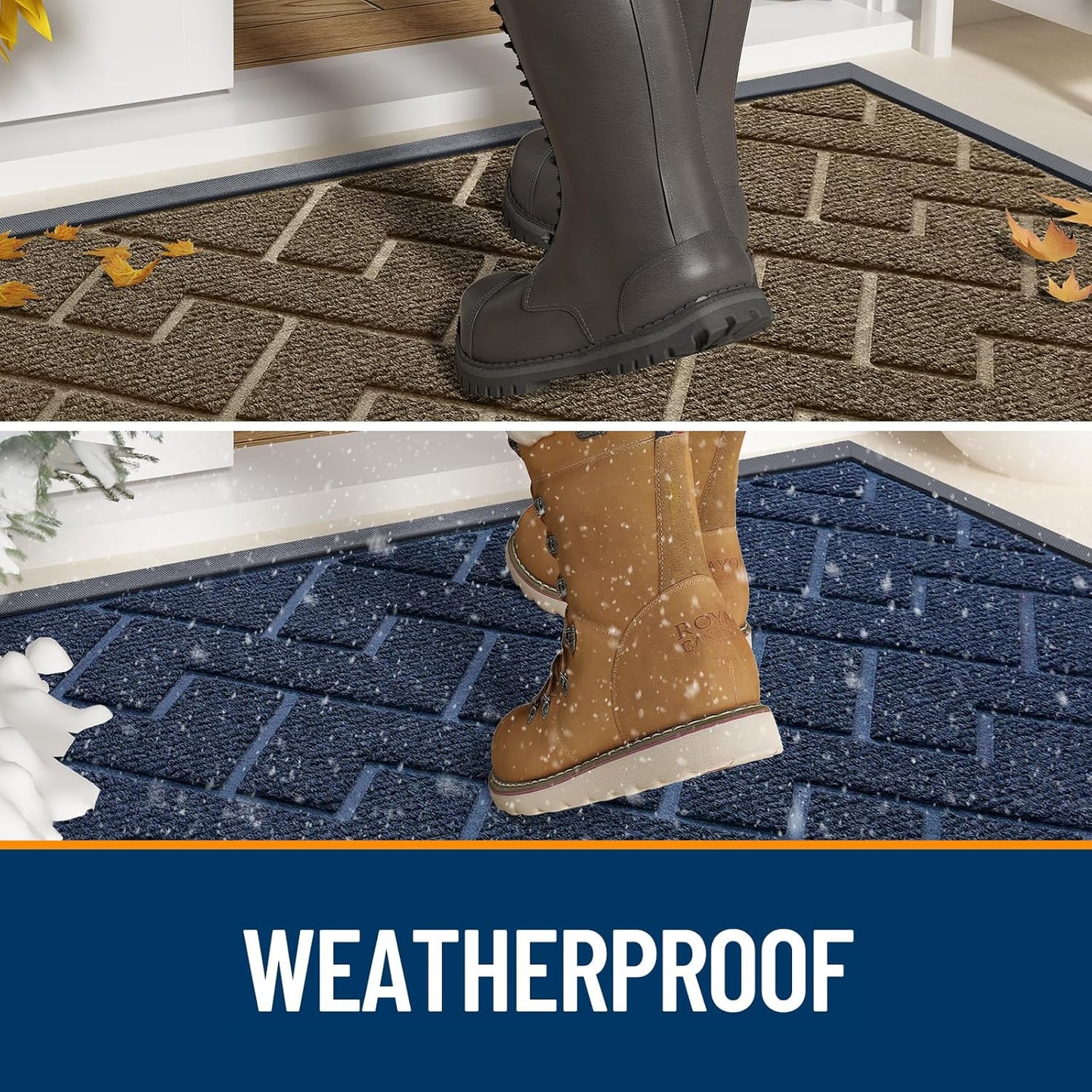 OLANLY Front Door Mat Indoor Outdoor Entrance, Waterproof All-Season, All-Weather Doormat, Sturdy Natural Rubber, Low Profile, Easy Clean Patio Porch Entryway Mat, Herringbone Brick (Blue, 47x23)
