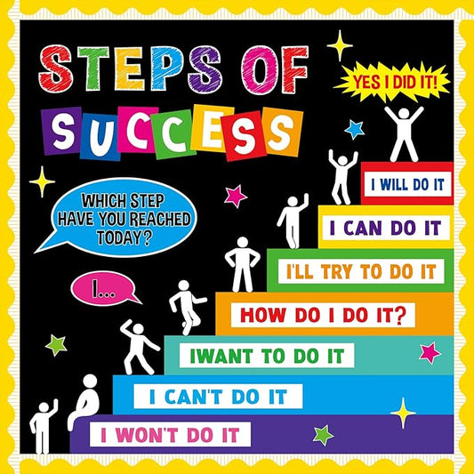 Motivational Bulletin Board Decoration Set Positive Classroom Decor Steps of Success Paper Cutouts Educational Sayings Accents for Back to School Elementary Home Wall Door Supplies