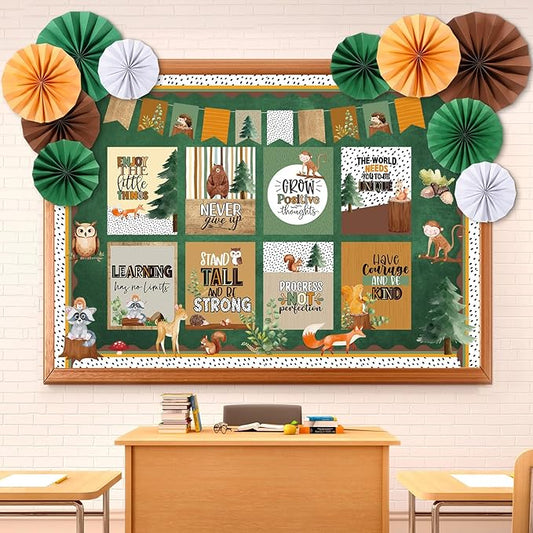 Pajean 62 Pcs Forest Animal Classroom Bulletin Board Decorations with 3D Paper Fans Inspirational Posters Cutouts Motivational Bulletin Board Positive Sayings for School Classroom Home Decorations