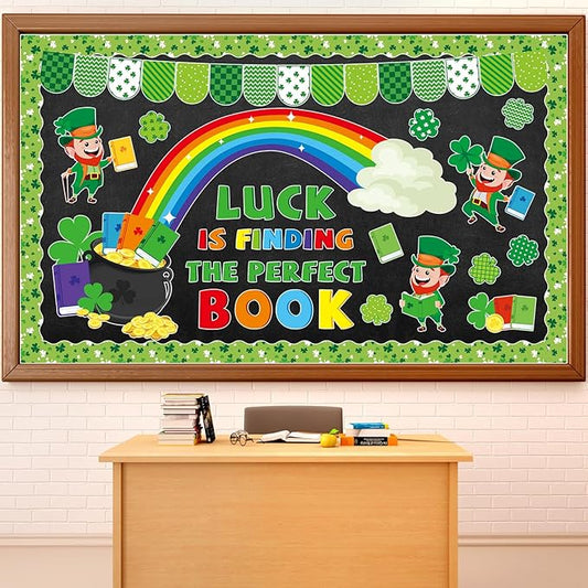 78Pcs St. Patrick's Day Reading Bulletin Board Decorations Spring Lucky Shamrock Paper Cutouts Bulletin Border Set Saint Patrick Day Green Clover Supplies for Irish School Chalkboard Wall Decorations