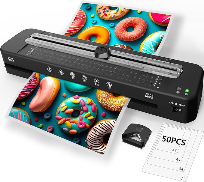 13 Inch Laminator Machine - 11x17 Laminator with 50 Sheets, Cold & Thermal, Built-in Paper Cutter & Corner Rounder, A3 Laminating Machine for Classroom Home School