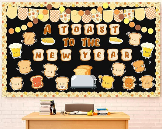party greeting New Year Toast Bulletin Board Decorations A Toast to The New Year Bulletin Board Set Cartoon Cute Toast Paper Cutouts Winter Season Happy New Year Classroom Wall Door Decor