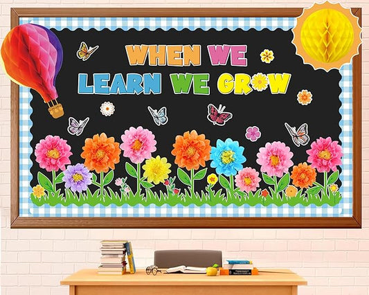 Spring Bulletin Board Decorations Flowers Themed Bulletin Board Set When We Learn We Grow Bulletin Board with 3D Paper Flower Cutouts for Back to School Classroom Wall Decor