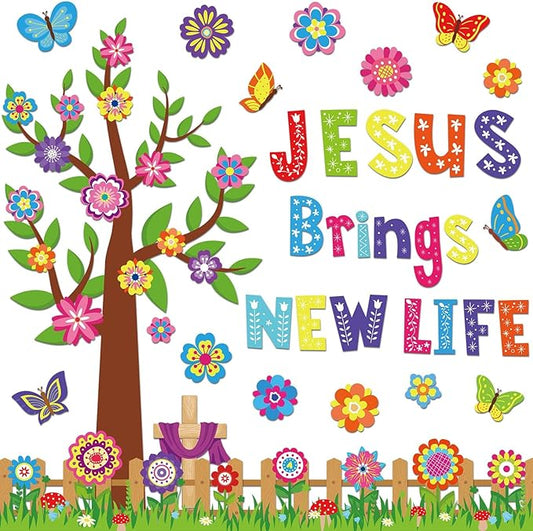 gisgfim Christian Spring Bulletin Board Decoration Set Religious Flower Tree Borders Cutouts for Party School Classroom Door Welcome Easter Bulletin Board Craft Home Wall (Jesus Brings New Life)