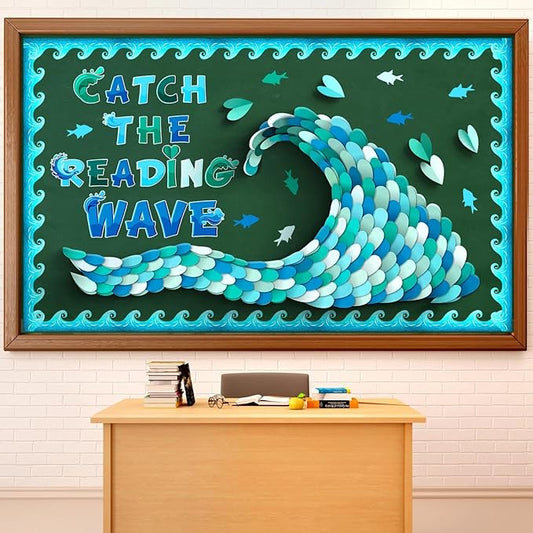 Epakh DIY Ocean Waves Bulletin Board Set Ocean Theme Classroom Decorations Blue and White Fish Heart Shaped Paper Cutouts with Waves Borders for Summer Back to School Office Library Supplies