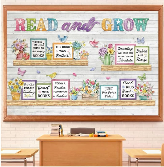 Qilery Read and Grow Spring Bulletin Board Set Classroom Decorations - Floral Book Cutouts for Reading Corner Library - Motivational Literacy Wall Art for Elementary School Teachers & Counselors