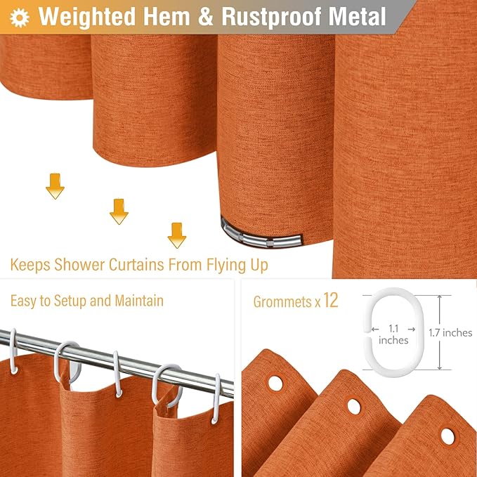 BTTN 78 Inch Long Shower Curtain - Linen Textured Weighted Fabric Shower Curtain Set with 12 Hooks, Tall Hotel Neutral Heavy Duty Waterproof Polyester Shower Curtains for Bathroom - 72x78 - Orange