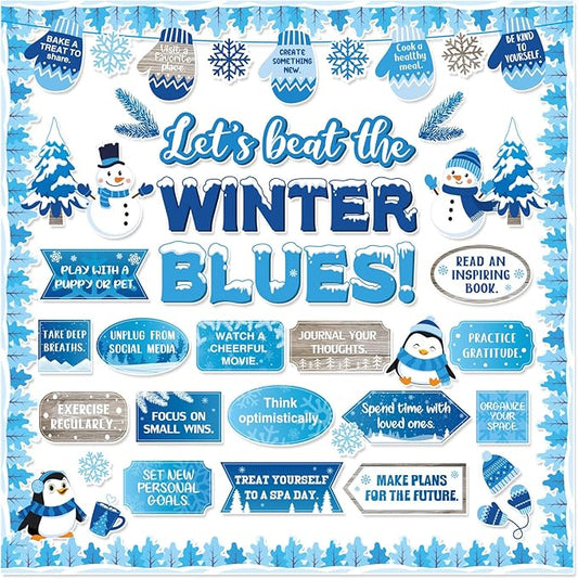 Honoson 68 Pcs Winter Bulletin Board Decorations Set Winter Mental Health Classroom Decor Snowman Snowflake Motivational Cutouts for January Xmas Holiday Party School Office Home Wall Door Supplies