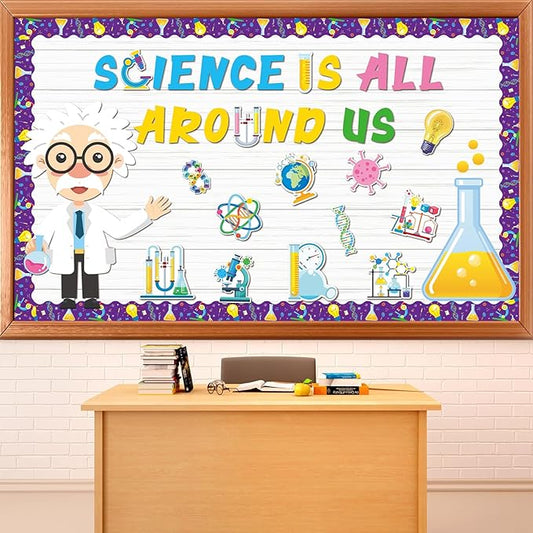 party greeting Science Bulletin Board Set Science is All Around Us Classroom Decoration Scientist Lab Paper Cutouts Bulletin Board Border for Wall Decor Teacher Must Haves Back to School Supplies