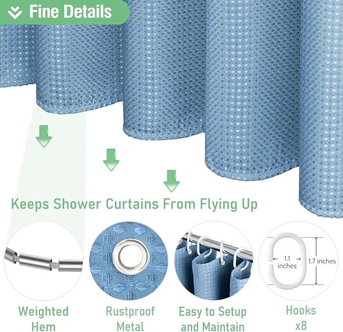 Dynamene Stall Fabric Shower Curtain - 48 inch Wide Waffle Weighted Thick Cloth Shower Curtains for Bathroom, Neutral Heavy Duty Hotel Spa Luxury Bath Curtain Set with 8 Hook, 48x72, Moonlight Blue
