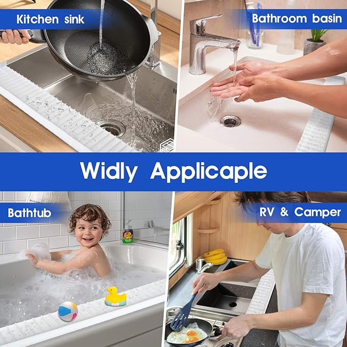 14"x4" Silicone Sink Edge Protector - Splash Guard with Suction Cups & 5° Tilt, Cuttable Edge Guard for Kitchen Sink, Bathroom,Granite & Quartz Countertops(White)