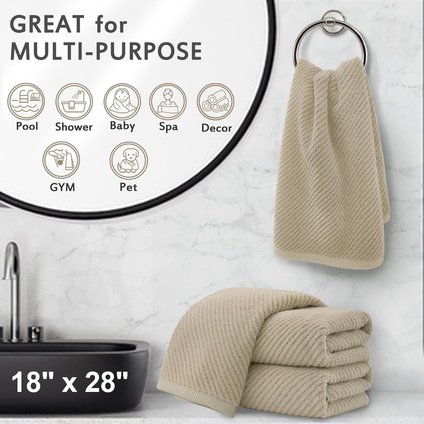 Beige Hand Towels, Hand Towels for Bathroom Set of 4, Large 18"x 28" - 100% Cotton | Lightweight | Thick | Quick Dry | Soft | Absorbent, Luxury Towel Set, Bathroom Essentials, Dark Beige