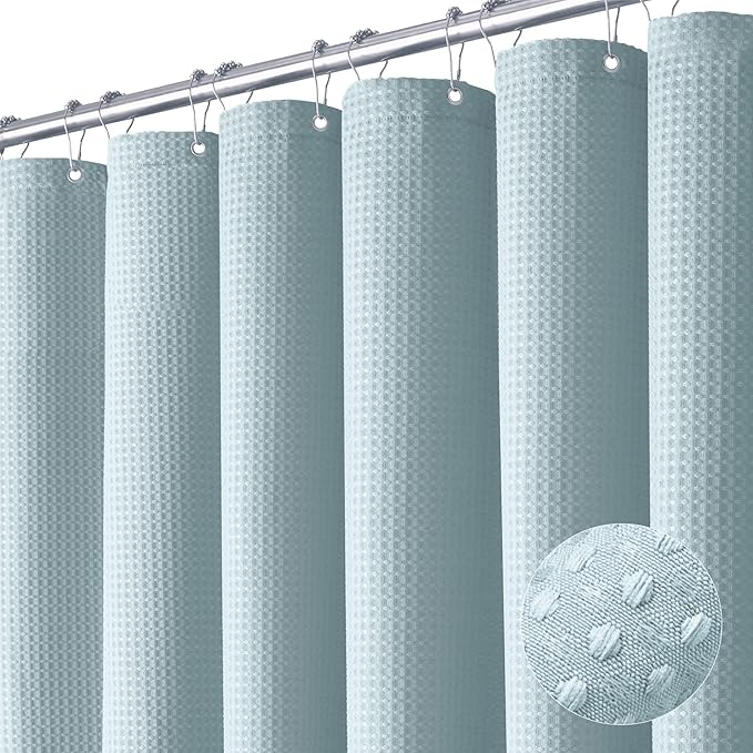 Dynamene Extra Wide Shower Curtain - 84 Inch Wide Waffle Weave Weighted Thick Cloth Bathroom Shower Curtain, Neutral Heavy Duty Hotel Bath Curtain Set with 14 Plastic Hooks, 84x72, Fog Blue