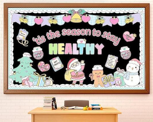 Christmas Health Bulletin Board Decorations Set Xmas Pastel Healthy Habits Poster Christmas Tree Snowman Santa Cutouts for Classroom School Home Chalkboard Wall Winter Holiday Party Decor Supplies