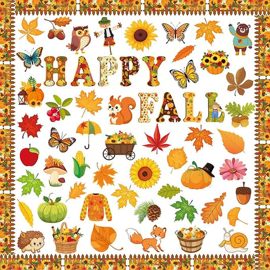 80 Pcs Happy Fall Cutouts for Bulletin Board Decor Set with Border - Fall Thanksgiving Paper Cut-Outs Autumn Themed Maple Leaves Pumpkin Wall Decals for Kids Teacher Supplies Classroom School