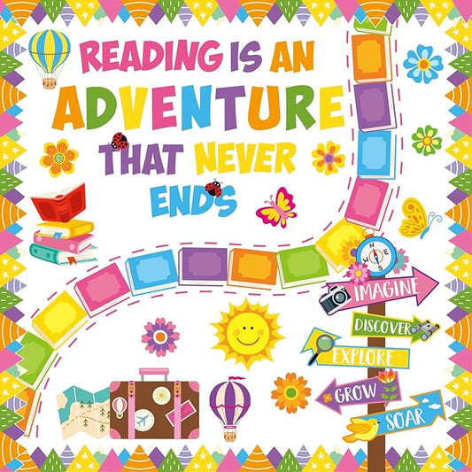 Honoson 55 Pcs Spring Reading Bulletin Board Set Reading is an Adventure Bulletin Boards Colorful Floral Cutouts Decors for Spring Back to School Library Home Chalkboard Wall Decoration (Book)