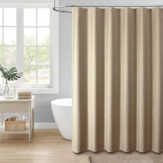 Dynamene Stall Fabric Shower Curtain - 54 inch Wide Waffle Weave Weighted Thick Cloth Shower Curtains for Bathroom, Heavy Duty Hotel Spa Luxury Bath Curtain Set with 10 Hooks, 54x72, Beige/Khaki