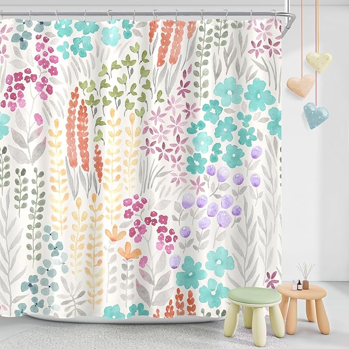 Long Shower Curtain 72 x 78 Inch, Teal Blue Tall Cute Floral Shower Curtain for Bathroom, Turquoise Wildflower Boho Cottagecore Fabric Shower Curtain Set with Hooks