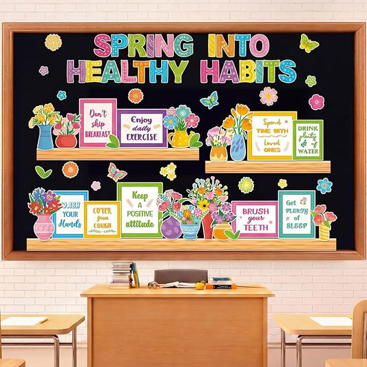 Qilery Spring Healthy Habits Bulletin Board Set Classroom Decorations - Motivational Nutrition Paper Cutouts for Elementary School Nurse Office - Educational Positive Wall Decor for Teachers & Library