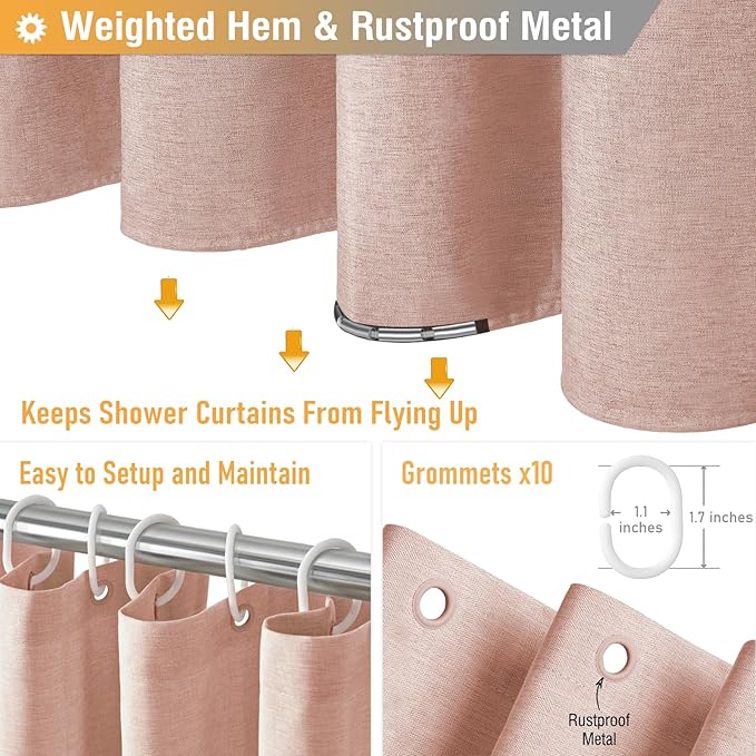 BTTN Fabric Shower Curtain, Linen Textured Heavy Duty Polyester Cloth Shower Curtain Set with Plastic Hooks, Blush, 54x78