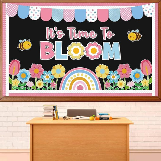 Spring Flower Bloom Bulletin Board Classroom Spring Bulletin Board Decorations Colorful Flower Bulletin Board with Rainbow Floral Paper Cutout Bee Cutouts for Classroom Door Wall Decor