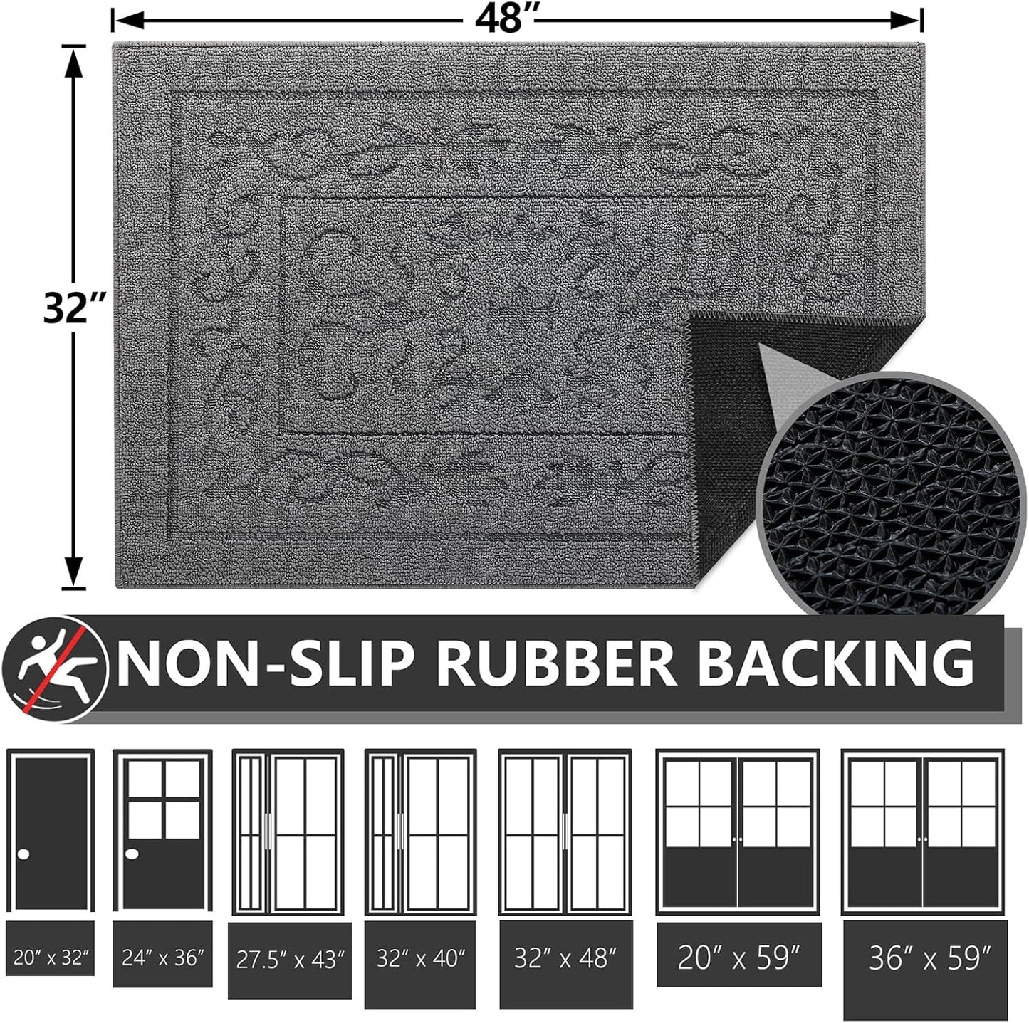 FONEYI Indoor Door Mat 32" x 48", Dirt Trapper Door Mats Non-Slip Entryway Rugs Washable, Absorbent Resist Dirt Welcome Mat, Low Profile Inside Floor Mats for Front Back Door and Entryway, Grey