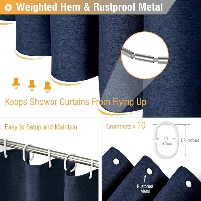 BTTN 60 Inch Fabric Shower Curtain, Stall Linen Textured Waterproof Heavy Duty Cloth Shower Curtain Set with 10 Plastic Hooks, Narrow Hotel Luxury Washable Bath Curtains for Bathroom, 60x72, Navy Blue