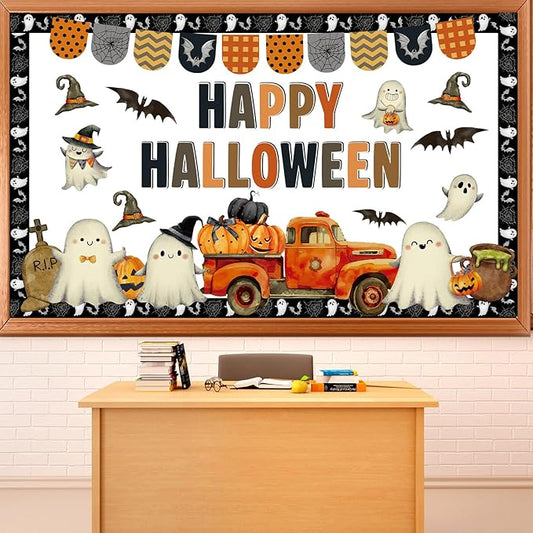 Justforjoyful Halloween Bulletin Board Set Vintage Ghost Evil Pumpkin Bat Bulletin Board Happy Halloween Cutouts Classroom Wall Decor for School Home Chalkboard Fall Party Supplies