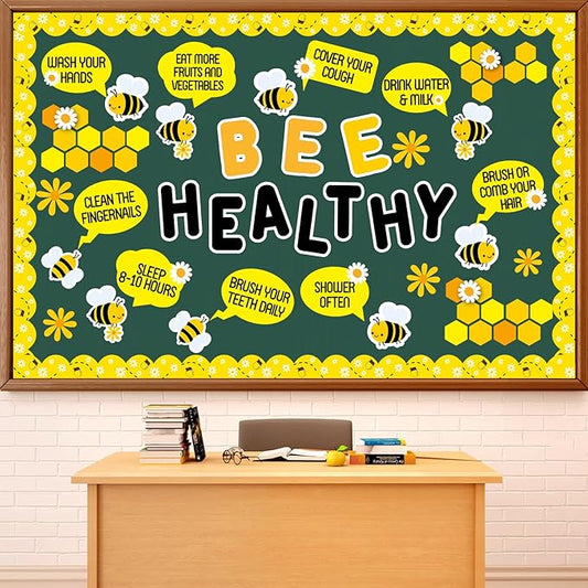 Bee Bulletin Board Decorations Set Spring Beneficial Habits Bulletin Board Bee Healthy Daisy Paper Cutouts for Classroom Back to School Home Office Teacher Chalkboard Wall Door Decor Supplies