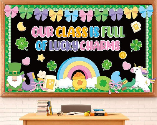 St. Patrick's Day Bulletin Board Decoration March Bulletin Board Set Lucky Shamrock Gold Coin Colorful Bows Paper Cutouts for St. Patrick Party Supplies School Classroom Chalkboard Wall Door Decor