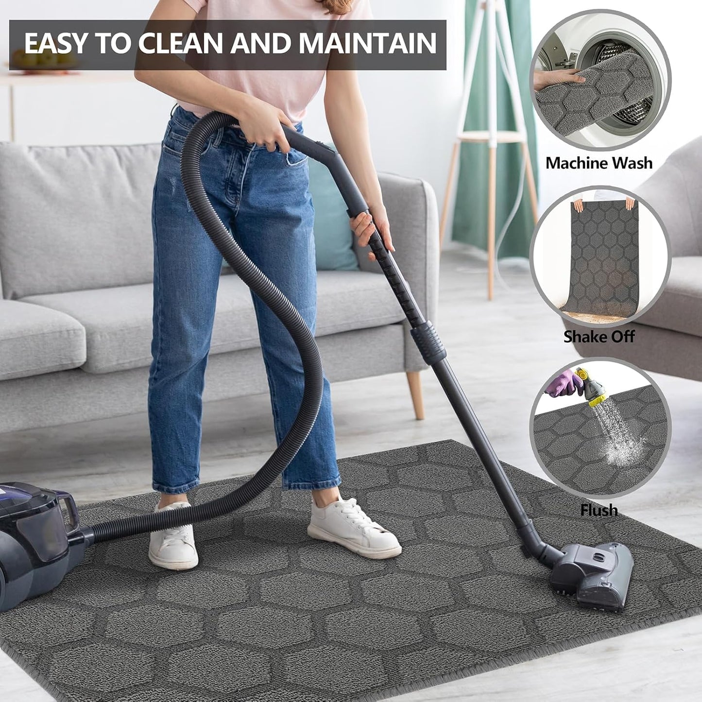 FONEYI Indoor Door Mat, Entrance Rug 24" x 36" Non-Slip Rubber Backing, Machine Washable Entry Rug, Low Profile Absorbent Dirt Trapper Doormat Inside Floor Mats for Entryway, Grey