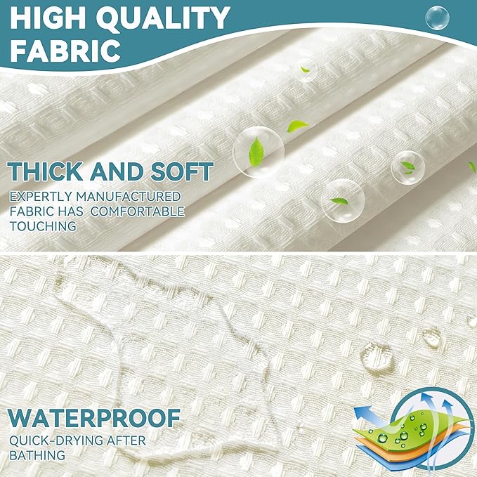 Conbo Mio No Hook Waffle Weave Shower Curtain with Snap in Liner Set, Hotel Luxury Beige Shower Curtains for Bathroom with See Through Top Window, Waterproof, Washable 71W x 74H