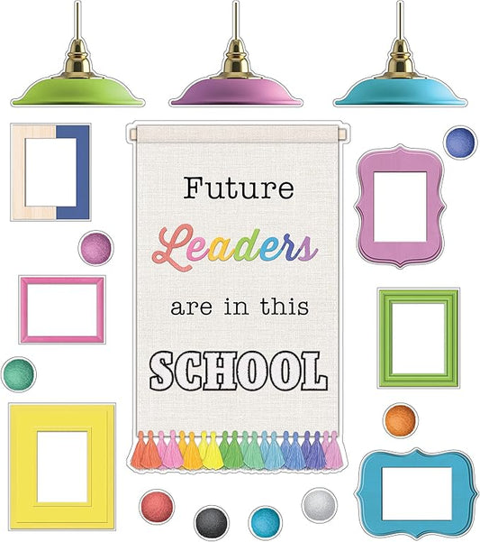 Carson Dellosa Creatively Inspired 81 pc Bundle Future Leaders Bulletin Board Set, Banner with Inspirational Quote, Colorful Frames, Poms, Lights, and More Classroom Decor