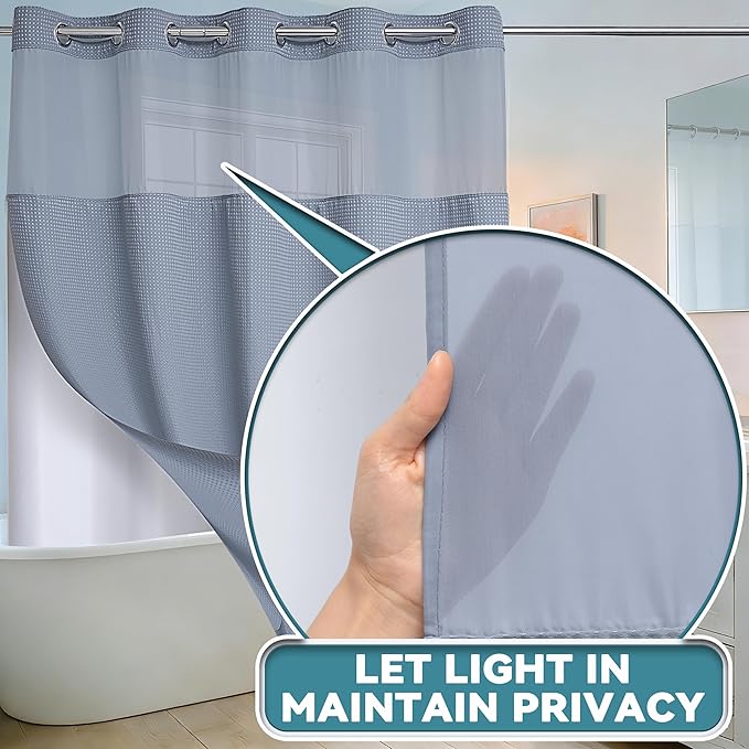 Conbo Mio Extra Wide No Hook Waffle Weave Shower Curtain with Snap in Liner Set, 108" x 74" Hotel Luxury Grey Shower Curtains for Bathroom with See Through Top Window, Waterproof, Washable 108W x 74H