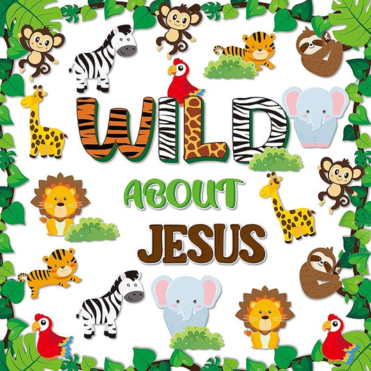 87Pcs Jungle Animals Leaves Bulletin Board Set for Back to School Classroom Wild Animal Cut-Outs Wild About Jesus Christian Wall Decor Supplies for Chalkboard Church Preschool Forest Party