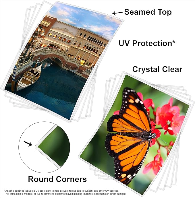 Apache 25 Pack Laminating Pouches 3 mil, Holds 8.5 x 11 Inch Letter Size (9 x 11.5 Inch Sheets), Office and School Supplies, Thermal Laminating Sheets, Super Clear, Round Corner