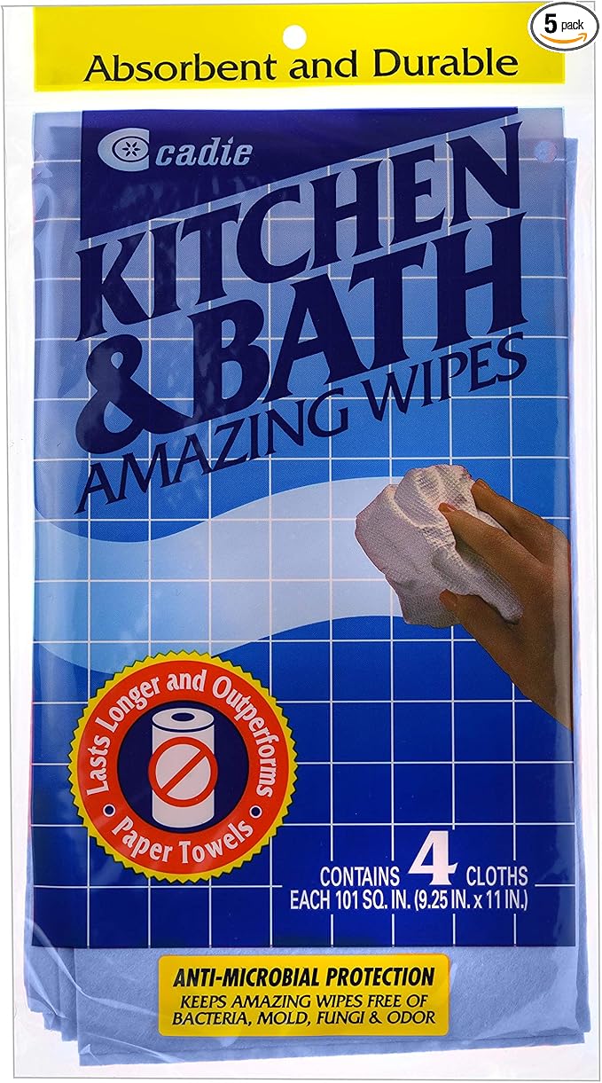 Cadie Kitchen and Bath Amazing Wipes - Absorbent and Reusable Cloth for Washing, Drying, Wiping in The Bathroom or Cuisine Surfaces | Cleaning Sink,Tiles,Bathtub,Walls,Mirror (5 Pack-20 Wipes, Blue)
