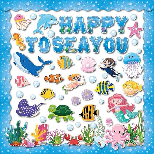 97 Pcs Ocean Animal Bulletin Board Decorations, Under The Sea Classroom Decorations Happy to Sea You Bulletin Board Decor for School Classroom Ocean Themed Party Supplies