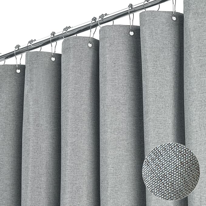 BTTN 60 Inch Fabric Shower Curtain, Stall Linen Textured Waterproof Heavy Duty Cloth Shower Curtain Set with 10 Plastic Hooks, Narrow Hotel Luxury Washable Bath Curtains for Bathroom, 60x72, Gray/Grey