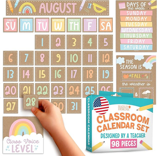 Hadley Designs Classroom Calendar Set Bulletin Board Decorations - School Calendar for Classroom Elementary, Preschool Must Haves, Homeschool & Daycare Essentials, Kraft Teacher Calendars