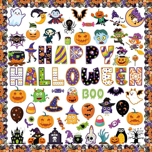81 Pcs Happy Halloween Cutouts for Bulletin Board Decor Set with Border- Halloween Themed Pumpkin Spider Ghost Witch Paper Cut-Outs Wall Decals for Kids Teacher Classroom School Party Supplies